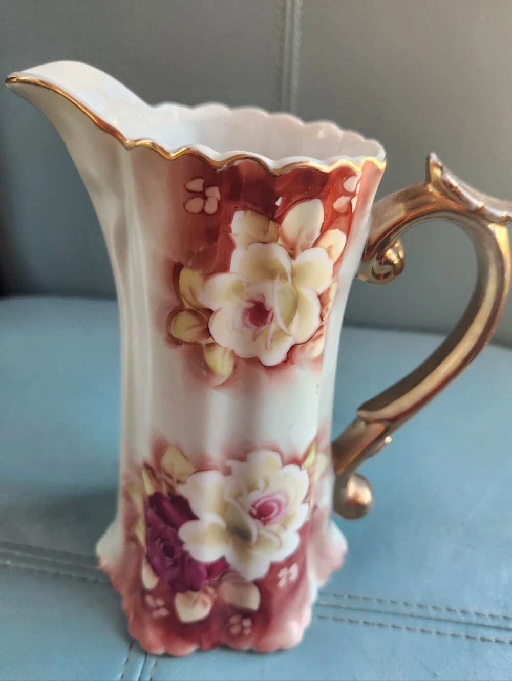 VTG NIPPON Hand Painted Pitcher JAPAN Floral Pale Green PINKS Vase Gold Trim EVC
